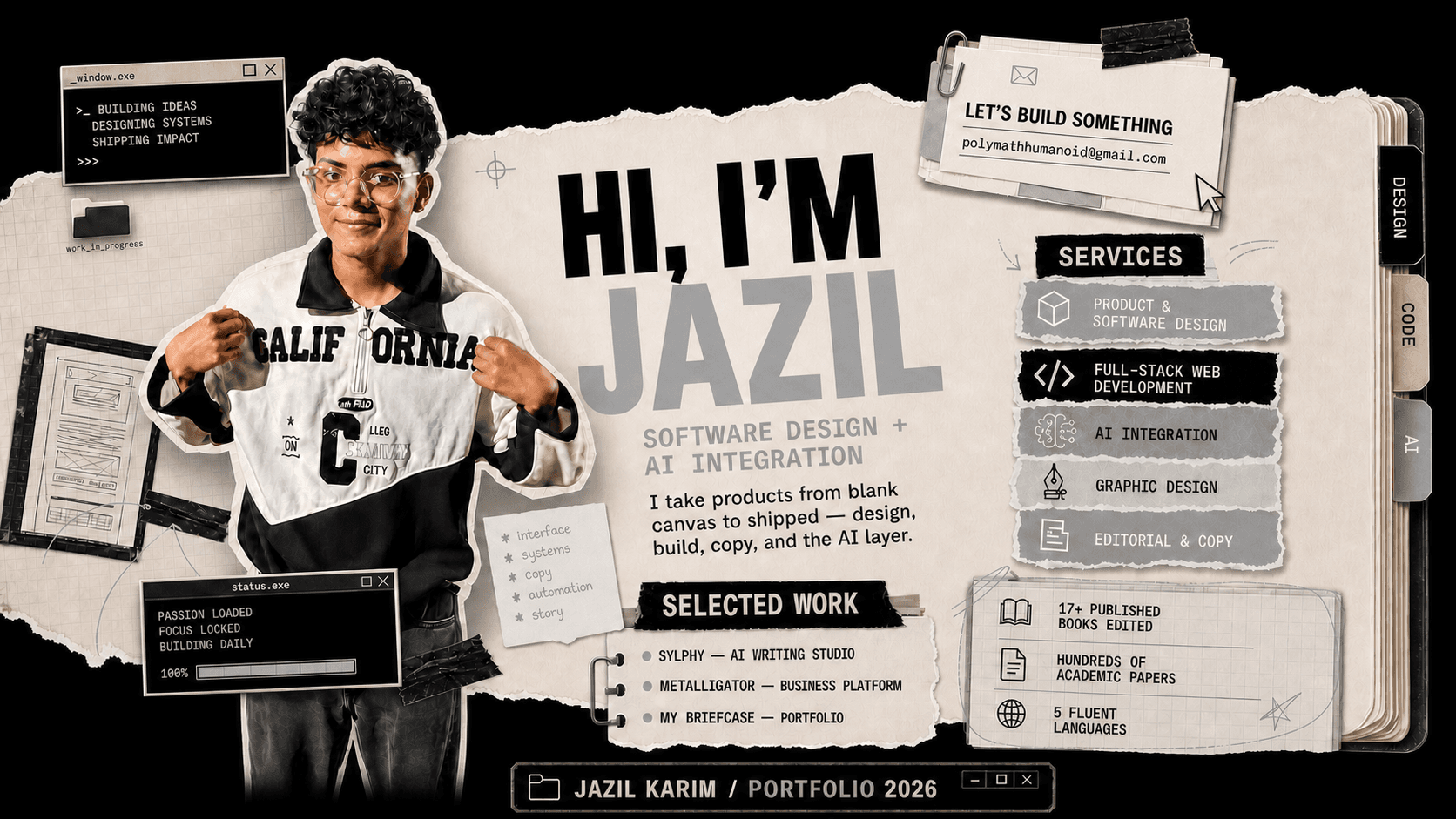 Jazil Karim portfolio dossier featuring software design, AI integration, services, selected work and freelance editorial credentials