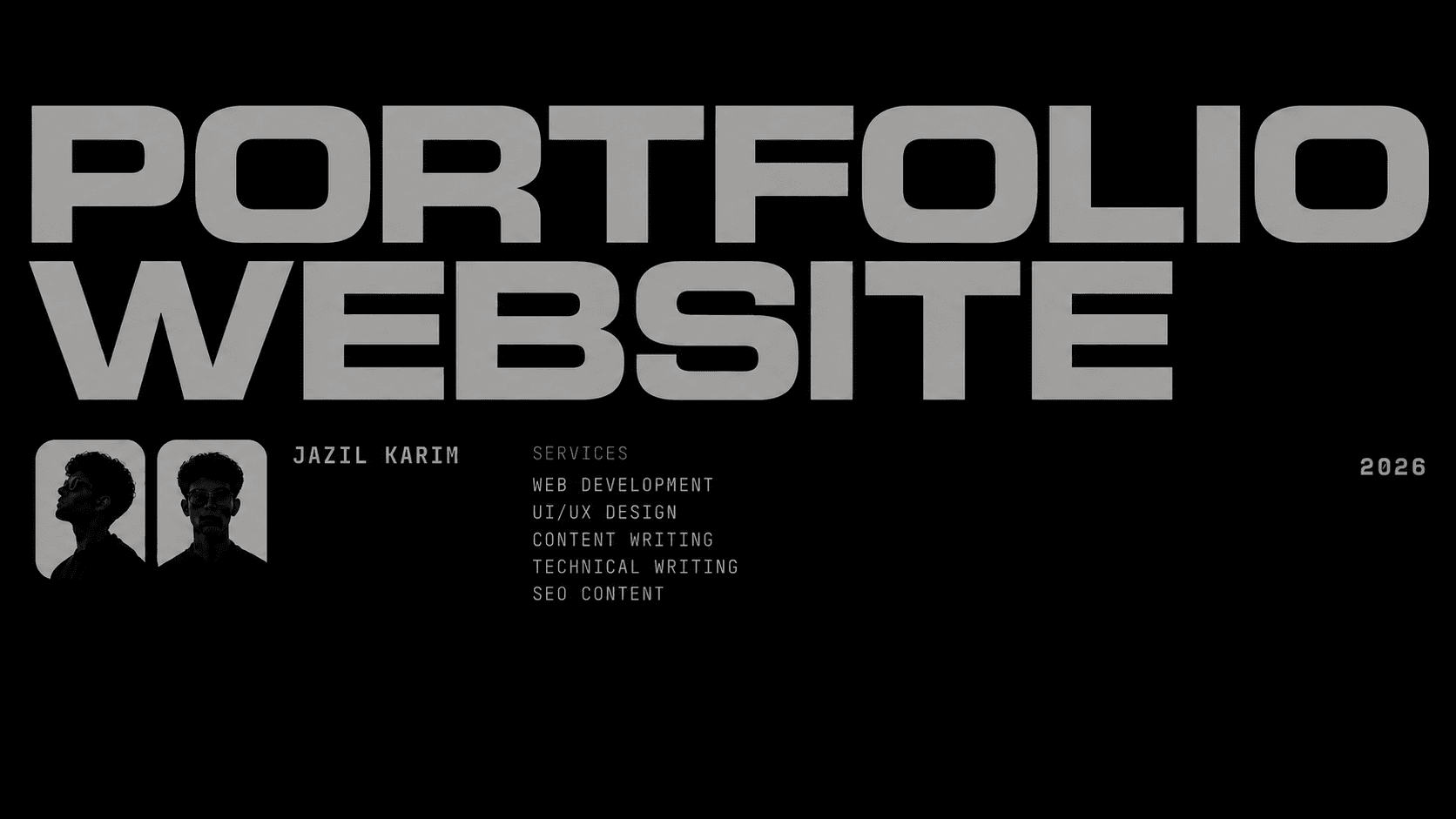 Portfolio website banner for Jazil Karim listing web development, UI/UX design, content writing, technical writing, and SEO content services